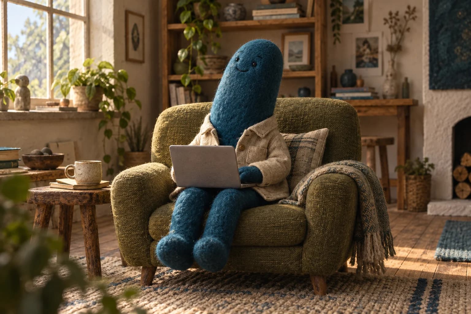 Merlin sitting comfortably in an armchair with a laptop in a sunlit room.