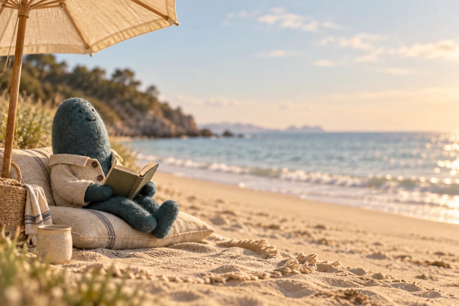 Merlin enjoying a book under a beach umbrella beside the sea at sunset.
