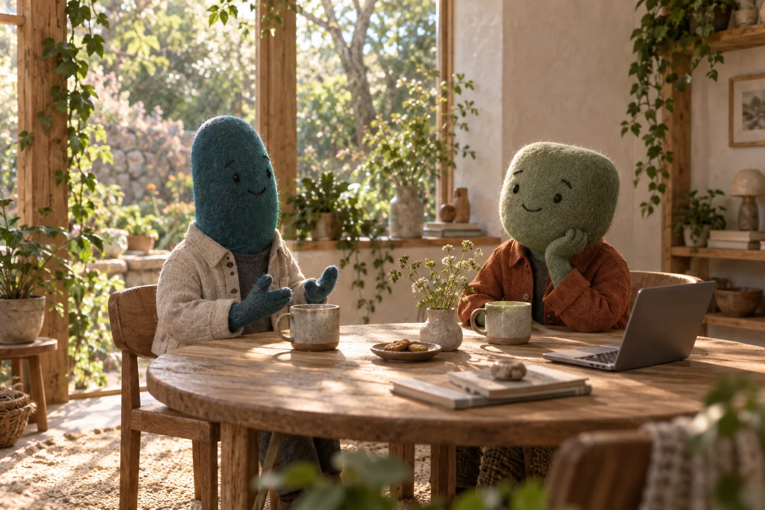 Two handmade felt characters talking over tea in a sunlit garden studio